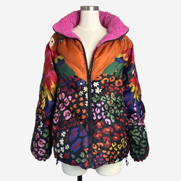 Farm Rio Mixed Macaw Reversible Puffer Faux-Shearling Jacket boho colorful XS - Picture 1 of 15